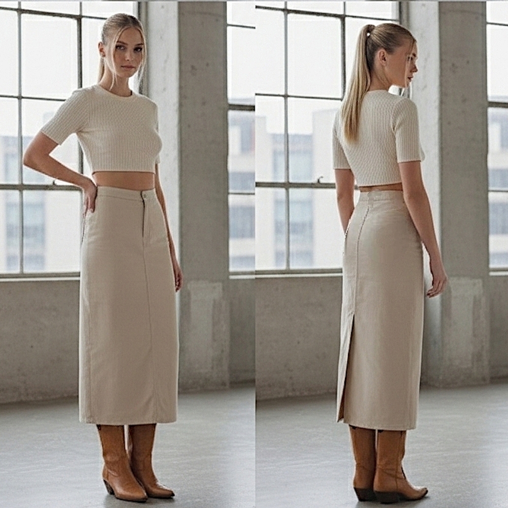 New Beige Maxi Denim Skirt With Slit